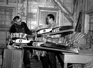 Mungo Martin and David Martin in the carving shed at Thunderbird Park