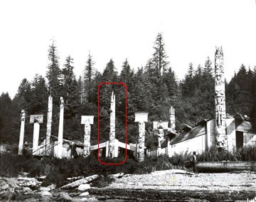 Totem pole in situ, hlqin7ul ‘llnagaay (Cumshewa), 1878.