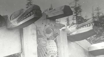 Têtes de lions de mer sculptées à chaque bout de poutres qui soutenaient la charpente d’une maison de t’anuu ‘Ilnagaay