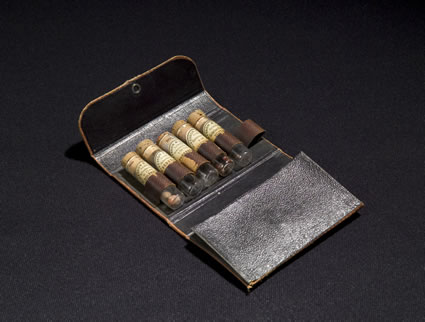 Pocket Medicine Case, this small case contains vials of Sulphate of Quinia, Vegetable Cathartic, Phosphoropus, Arsenious Acid, and Sulphate Morphia