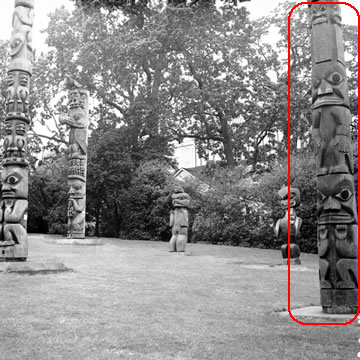 Gitxsan Pole circled in red with other poles in Thunderbird Park