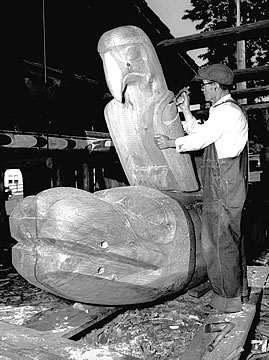 Mungo Martin carving the Haida style memorial figure