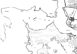 An 1854 map showing the Old Songhees Reserve, Fort Victoria and James Bay