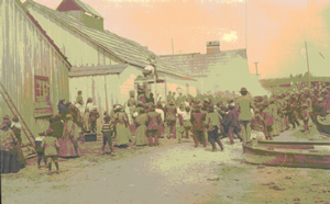 Distribution of goods at a memorial potlatch for Ida Jackson