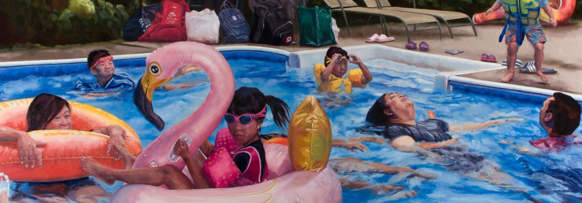Adults and children swimming in an outdoor pool. Two adults watch in chairs from the side. 